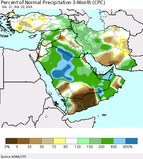 Middle East and Turkey Percent of Normal Precipitation 3-Month (CPC) Thematic Map For 12/21/2023 - 3/20/2024