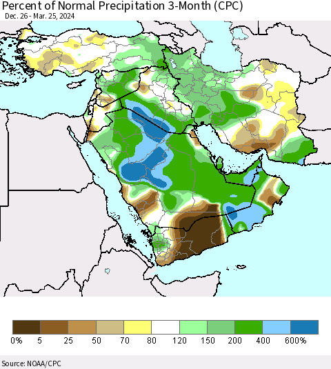 Middle East and Turkey Percent of Normal Precipitation 3-Month (CPC) Thematic Map For 12/26/2023 - 3/25/2024