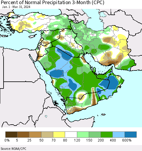 Middle East and Turkey Percent of Normal Precipitation 3-Month (CPC) Thematic Map For 1/1/2024 - 3/31/2024