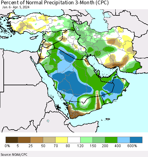 Middle East and Turkey Percent of Normal Precipitation 3-Month (CPC) Thematic Map For 1/6/2024 - 4/5/2024