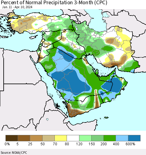 Middle East and Turkey Percent of Normal Precipitation 3-Month (CPC) Thematic Map For 1/11/2024 - 4/10/2024