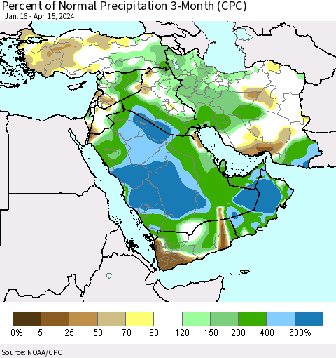 Middle East and Turkey Percent of Normal Precipitation 3-Month (CPC) Thematic Map For 1/16/2024 - 4/15/2024