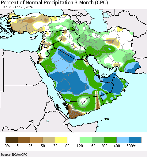 Middle East and Turkey Percent of Normal Precipitation 3-Month (CPC) Thematic Map For 1/21/2024 - 4/20/2024
