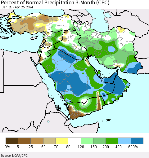 Middle East and Turkey Percent of Normal Precipitation 3-Month (CPC) Thematic Map For 1/26/2024 - 4/25/2024