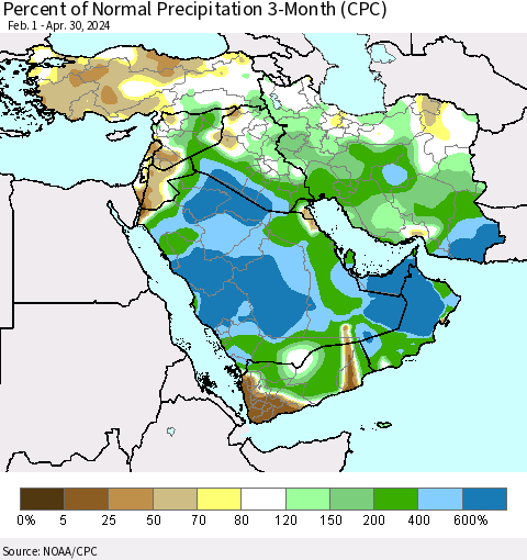 Middle East and Turkey Percent of Normal Precipitation 3-Month (CPC) Thematic Map For 2/1/2024 - 4/30/2024