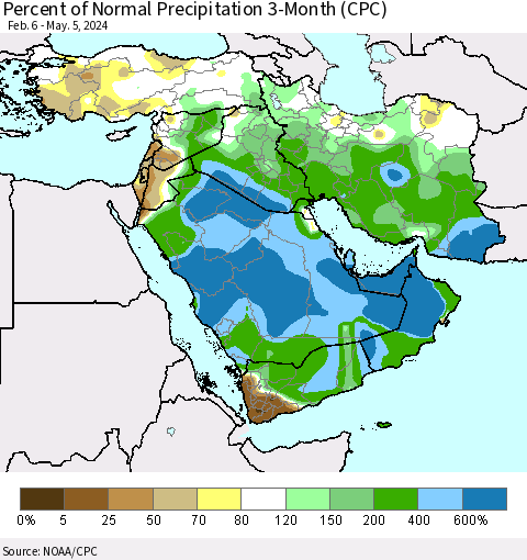 Middle East and Turkey Percent of Normal Precipitation 3-Month (CPC) Thematic Map For 2/6/2024 - 5/5/2024