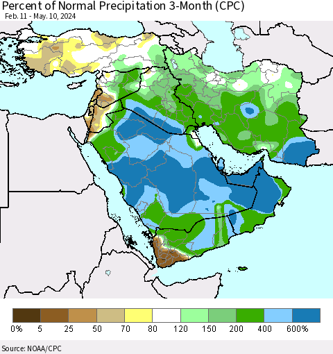 Middle East and Turkey Percent of Normal Precipitation 3-Month (CPC) Thematic Map For 2/11/2024 - 5/10/2024