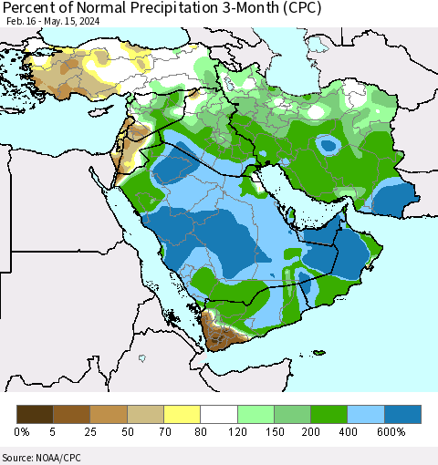 Middle East and Turkey Percent of Normal Precipitation 3-Month (CPC) Thematic Map For 2/16/2024 - 5/15/2024