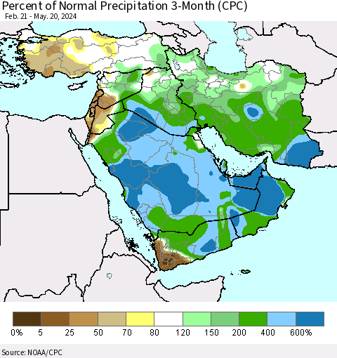 Middle East and Turkey Percent of Normal Precipitation 3-Month (CPC) Thematic Map For 2/21/2024 - 5/20/2024