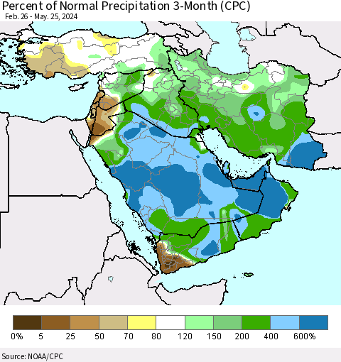 Middle East and Turkey Percent of Normal Precipitation 3-Month (CPC) Thematic Map For 2/26/2024 - 5/25/2024