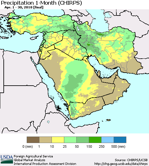 Middle East and Turkey Precipitation 1-Month (CHIRPS) Thematic Map For 4/1/2018 - 4/30/2018