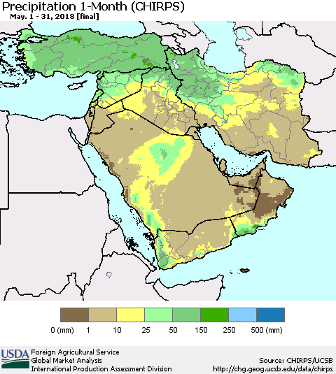 Middle East and Turkey Precipitation 1-Month (CHIRPS) Thematic Map For 5/1/2018 - 5/31/2018