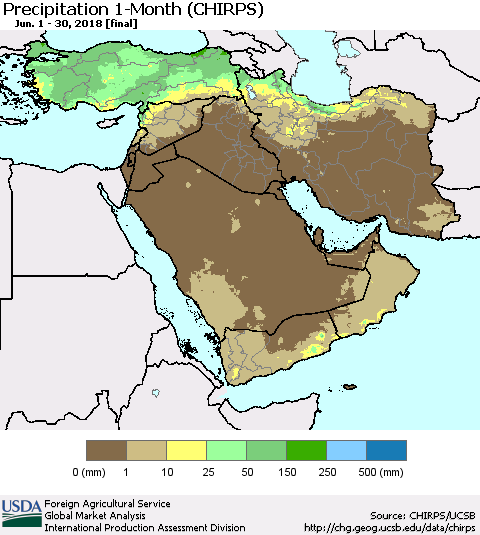 Middle East and Turkey Precipitation 1-Month (CHIRPS) Thematic Map For 6/1/2018 - 6/30/2018
