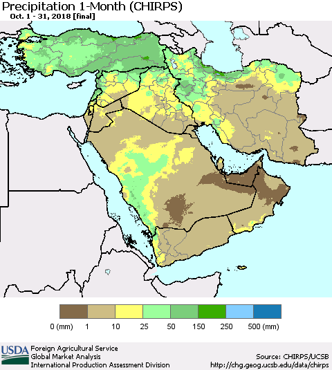 Middle East and Turkey Precipitation 1-Month (CHIRPS) Thematic Map For 10/1/2018 - 10/31/2018