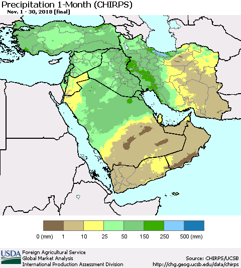 Middle East and Turkey Precipitation 1-Month (CHIRPS) Thematic Map For 11/1/2018 - 11/30/2018