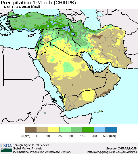 Middle East and Turkey Precipitation 1-Month (CHIRPS) Thematic Map For 12/1/2018 - 12/31/2018