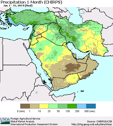 Middle East and Turkey Precipitation 1-Month (CHIRPS) Thematic Map For 1/1/2019 - 1/31/2019