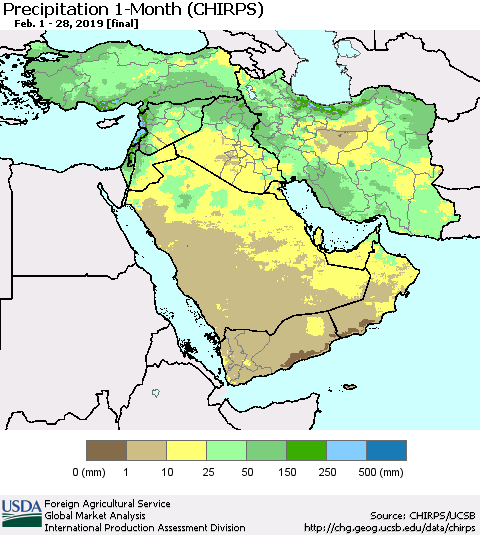 Middle East and Turkey Precipitation 1-Month (CHIRPS) Thematic Map For 2/1/2019 - 2/28/2019