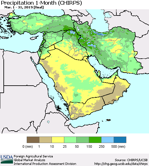 Middle East and Turkey Precipitation 1-Month (CHIRPS) Thematic Map For 3/1/2019 - 3/31/2019