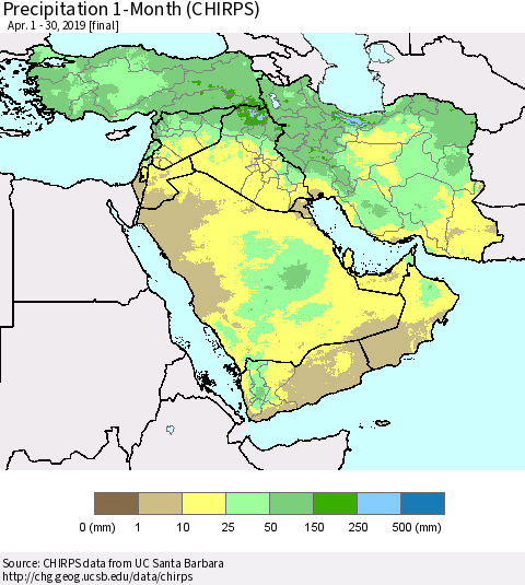 Middle East and Turkey Precipitation 1-Month (CHIRPS) Thematic Map For 4/1/2019 - 4/30/2019