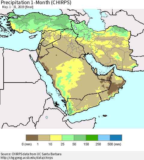 Middle East and Turkey Precipitation 1-Month (CHIRPS) Thematic Map For 5/1/2019 - 5/31/2019