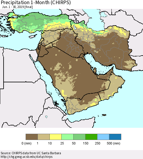 Middle East and Turkey Precipitation 1-Month (CHIRPS) Thematic Map For 6/1/2019 - 6/30/2019