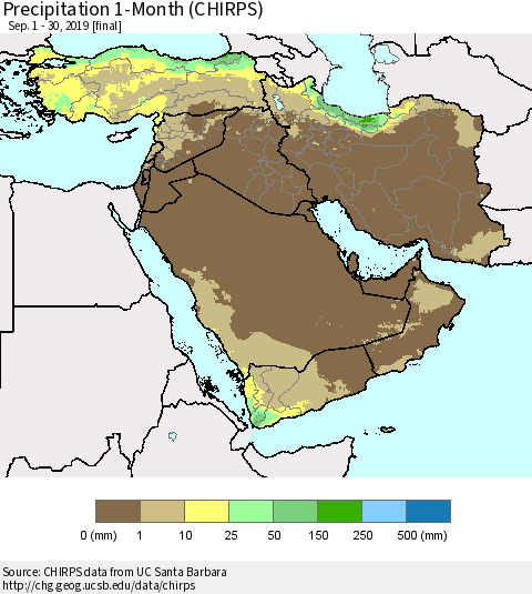 Middle East and Turkey Precipitation 1-Month (CHIRPS) Thematic Map For 9/1/2019 - 9/30/2019