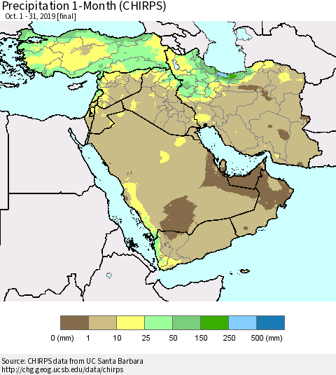 Middle East and Turkey Precipitation 1-Month (CHIRPS) Thematic Map For 10/1/2019 - 10/31/2019