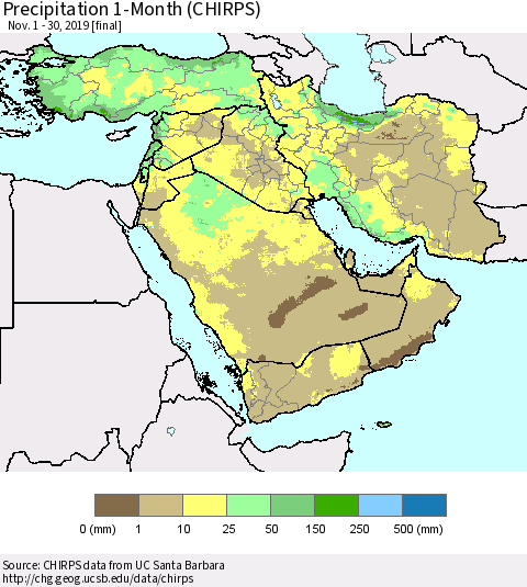 Middle East and Turkey Precipitation 1-Month (CHIRPS) Thematic Map For 11/1/2019 - 11/30/2019