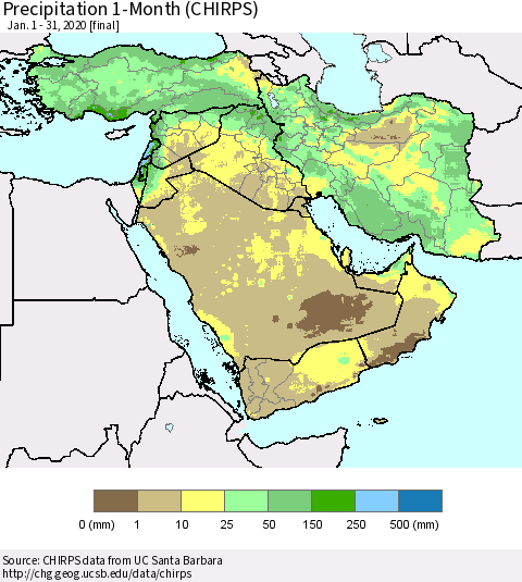 Middle East and Turkey Precipitation 1-Month (CHIRPS) Thematic Map For 1/1/2020 - 1/31/2020
