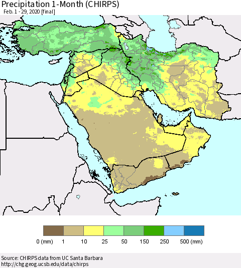 Middle East and Turkey Precipitation 1-Month (CHIRPS) Thematic Map For 2/1/2020 - 2/29/2020