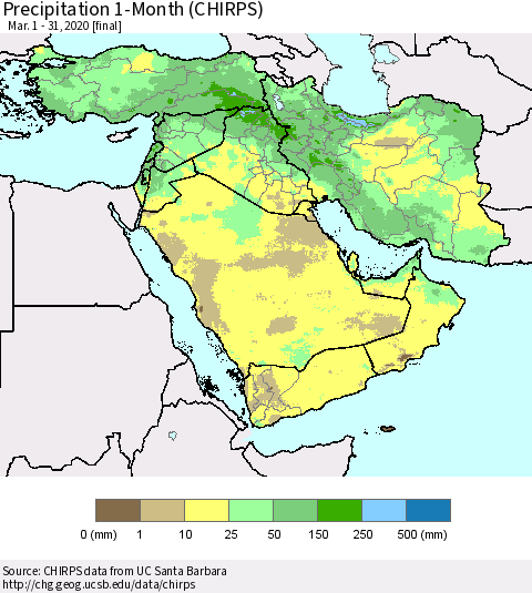 Middle East and Turkey Precipitation 1-Month (CHIRPS) Thematic Map For 3/1/2020 - 3/31/2020