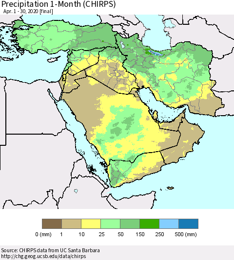 Middle East and Turkey Precipitation 1-Month (CHIRPS) Thematic Map For 4/1/2020 - 4/30/2020