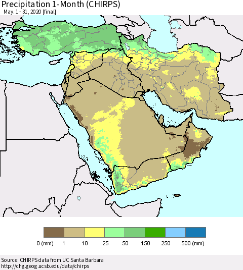 Middle East and Turkey Precipitation 1-Month (CHIRPS) Thematic Map For 5/1/2020 - 5/31/2020