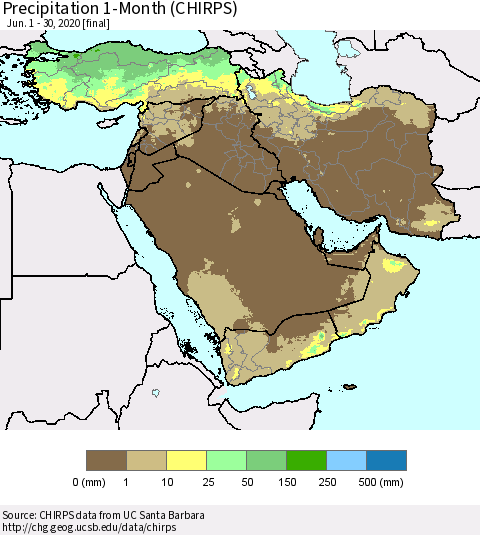 Middle East and Turkey Precipitation 1-Month (CHIRPS) Thematic Map For 6/1/2020 - 6/30/2020