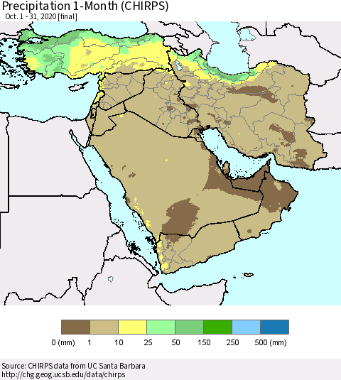 Middle East and Turkey Precipitation 1-Month (CHIRPS) Thematic Map For 10/1/2020 - 10/31/2020