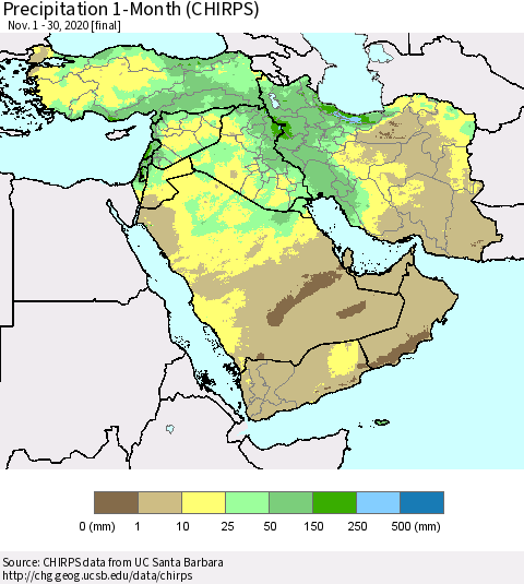 Middle East and Turkey Precipitation 1-Month (CHIRPS) Thematic Map For 11/1/2020 - 11/30/2020