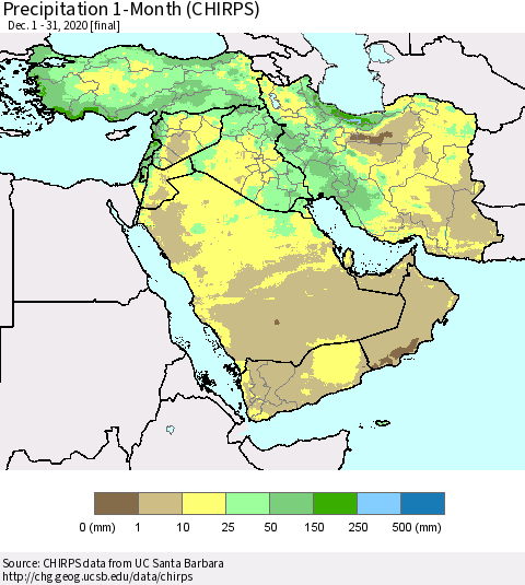 Middle East and Turkey Precipitation 1-Month (CHIRPS) Thematic Map For 12/1/2020 - 12/31/2020