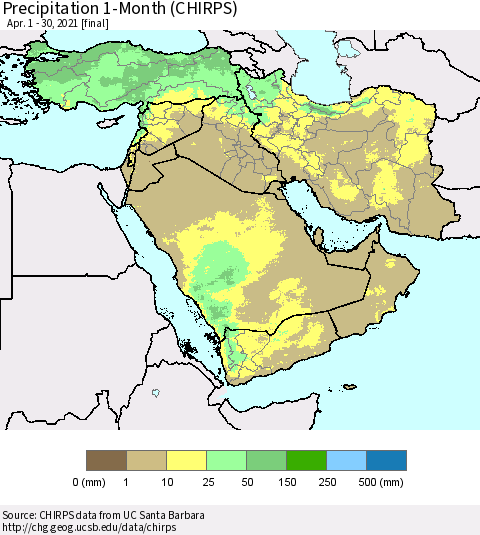Middle East and Turkey Precipitation 1-Month (CHIRPS) Thematic Map For 4/1/2021 - 4/30/2021