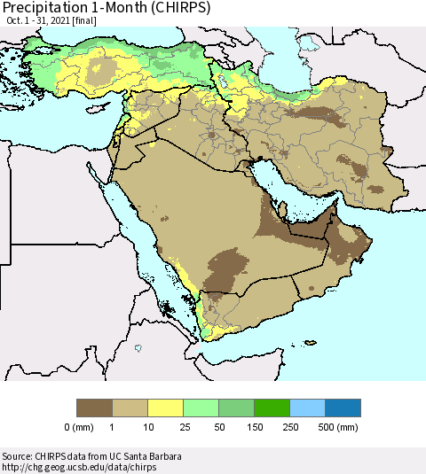 Middle East and Turkey Precipitation 1-Month (CHIRPS) Thematic Map For 10/1/2021 - 10/31/2021