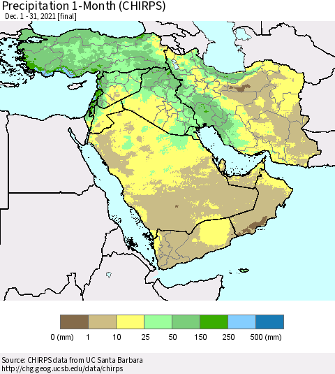 Middle East and Turkey Precipitation 1-Month (CHIRPS) Thematic Map For 12/1/2021 - 12/31/2021