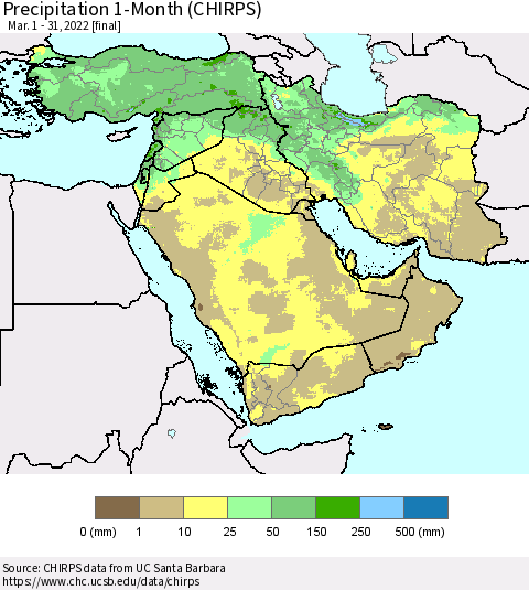 Middle East and Turkey Precipitation 1-Month (CHIRPS) Thematic Map For 3/1/2022 - 3/31/2022