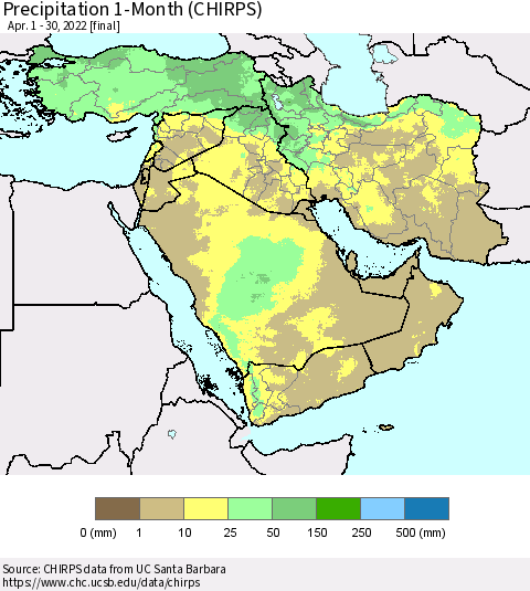 Middle East and Turkey Precipitation 1-Month (CHIRPS) Thematic Map For 4/1/2022 - 4/30/2022