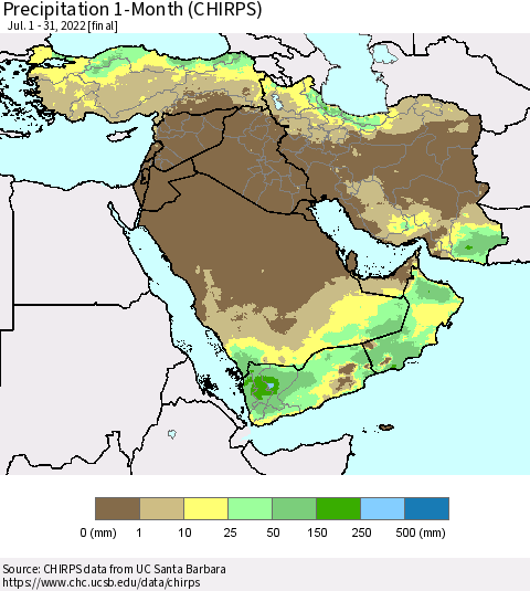 Middle East and Turkey Precipitation 1-Month (CHIRPS) Thematic Map For 7/1/2022 - 7/31/2022