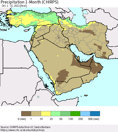 Middle East and Turkey Precipitation 1-Month (CHIRPS) Thematic Map For 10/1/2022 - 10/31/2022