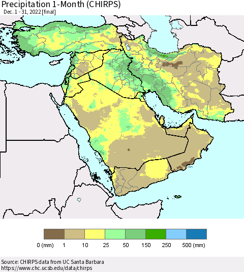 Middle East and Turkey Precipitation 1-Month (CHIRPS) Thematic Map For 12/1/2022 - 12/31/2022