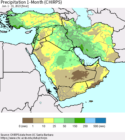 Middle East and Turkey Precipitation 1-Month (CHIRPS) Thematic Map For 1/1/2023 - 1/31/2023