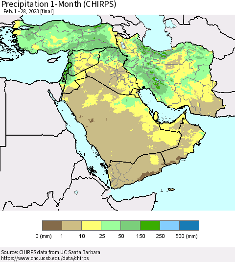 Middle East and Turkey Precipitation 1-Month (CHIRPS) Thematic Map For 2/1/2023 - 2/28/2023