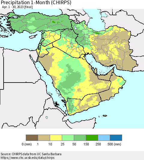Middle East and Turkey Precipitation 1-Month (CHIRPS) Thematic Map For 4/1/2023 - 4/30/2023