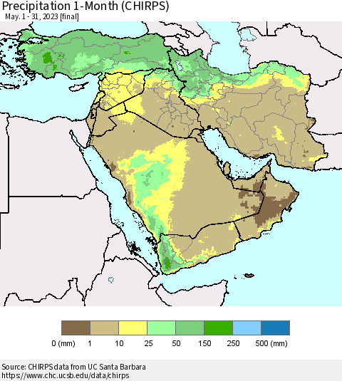 Middle East and Turkey Precipitation 1-Month (CHIRPS) Thematic Map For 5/1/2023 - 5/31/2023